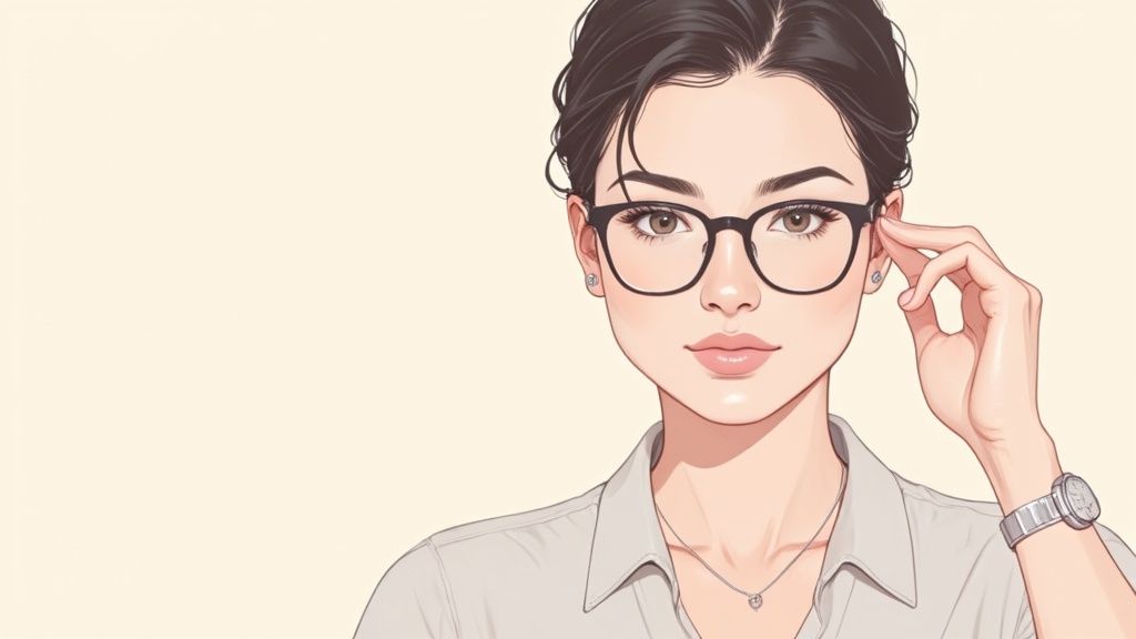 Nahaufnahme einer stilisierten Frau mit Brille, die ihre Brille berührt, trägt ein Hemd, eine Halskette und eine Armbanduhr.