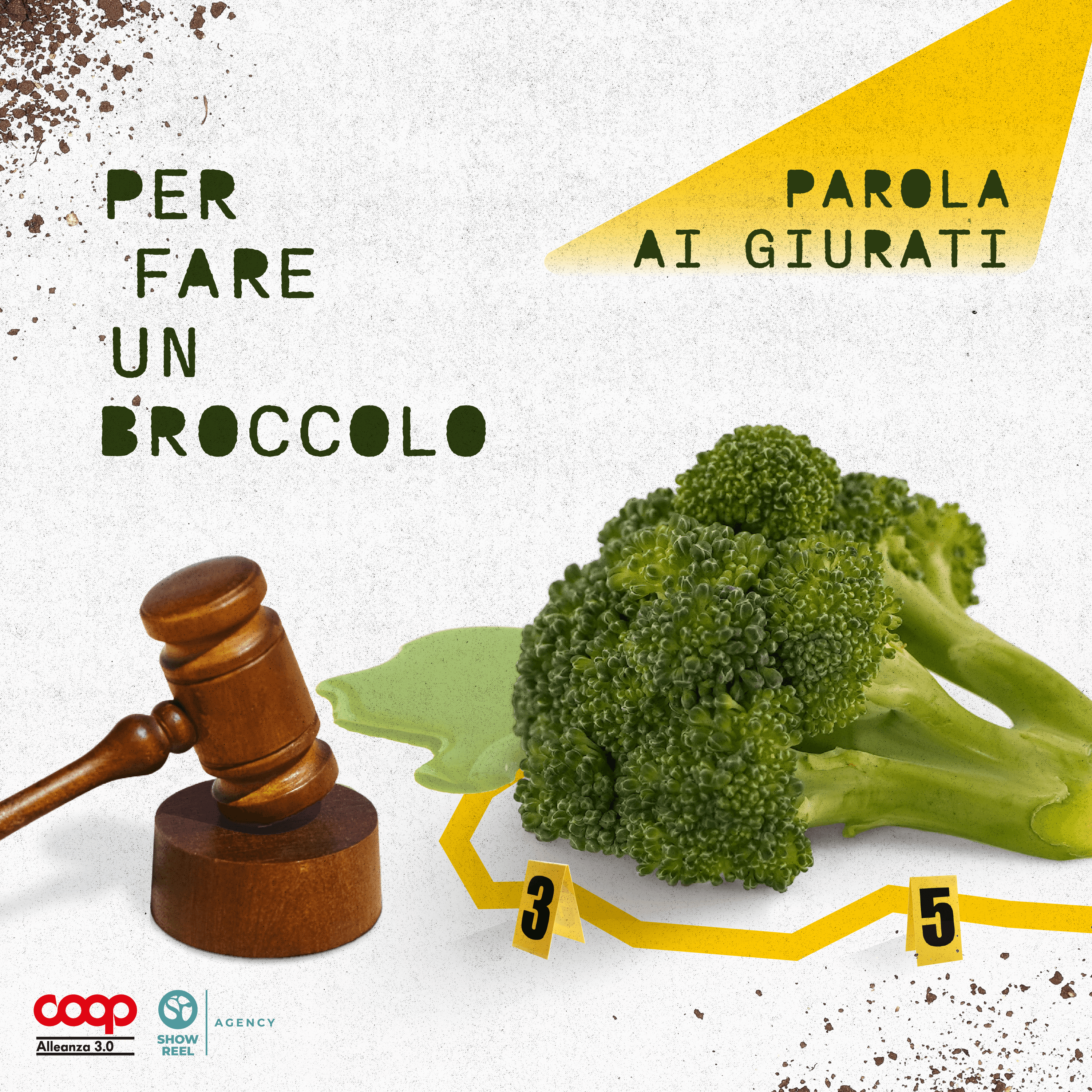 Broccolo su sfondo bianco rappresentato come scena del crimine, con tracciati gialli e numeri segnaletici.
