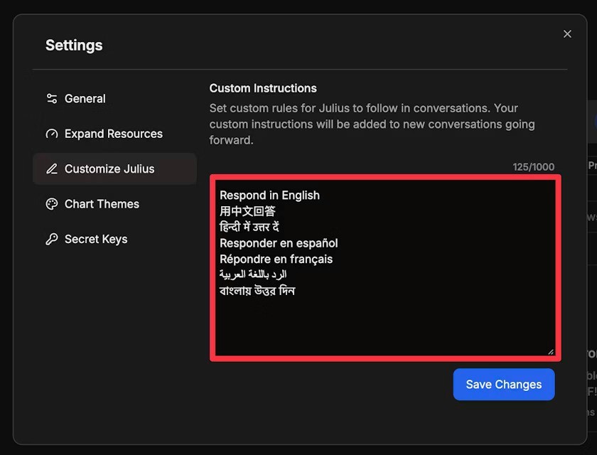 Julius AI custom instructions settings allowing multilingual response configuration