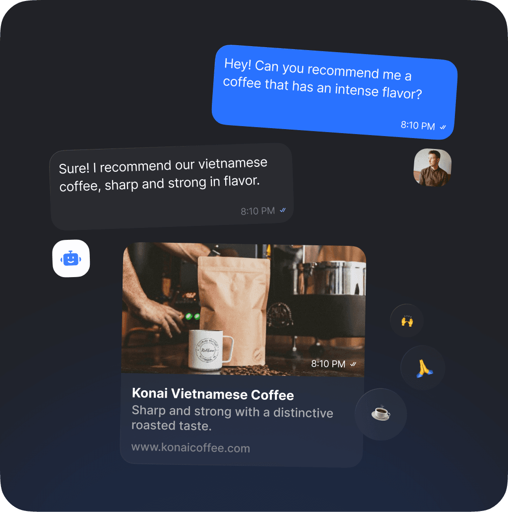 A bot assisting a customer with a product recommendation for coffee, suggesting a sharp and strong Vietnamese blend in response to an FAQ.