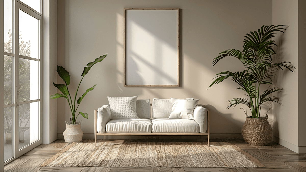 Staged living room with neutral palette