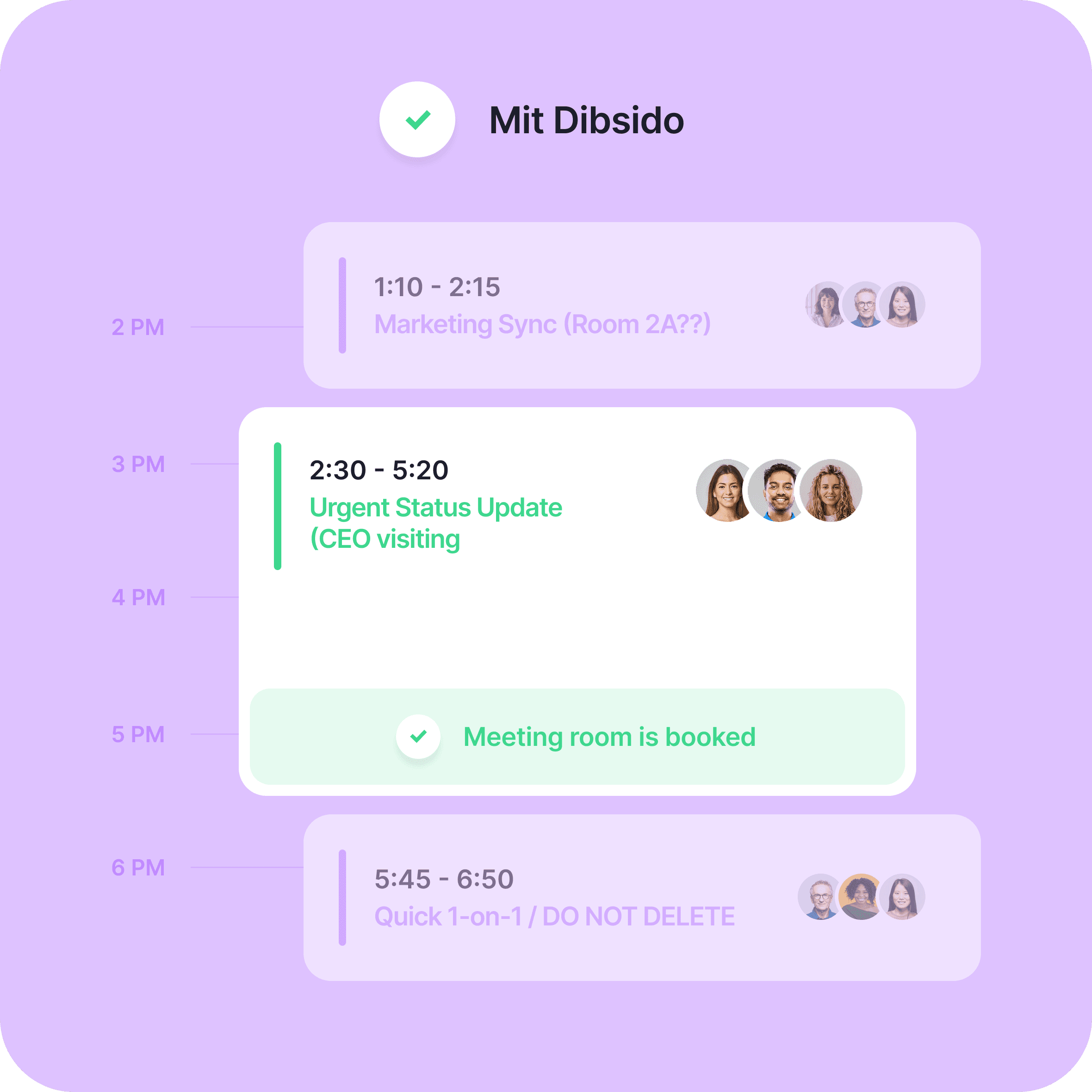 Meeting room booking with Dibsido: a clear calendar showing the room booked with no clashes.