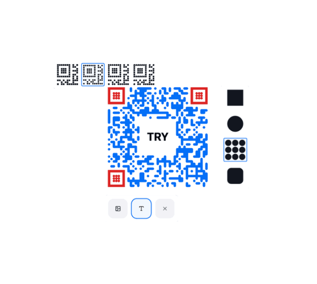 A custom blue QR code layout featuring the word TRY in its center, shown next to geometric module shapes and design dots.