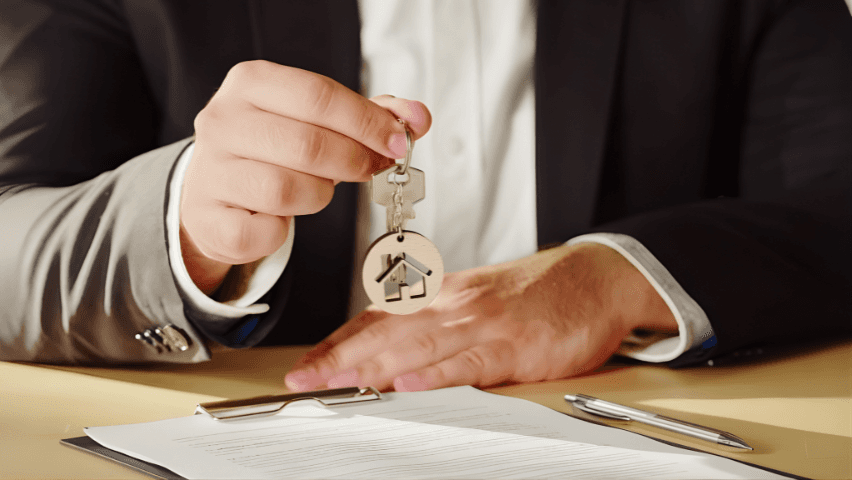 Man in a suit handing over a house key while a signed contract lies on the table