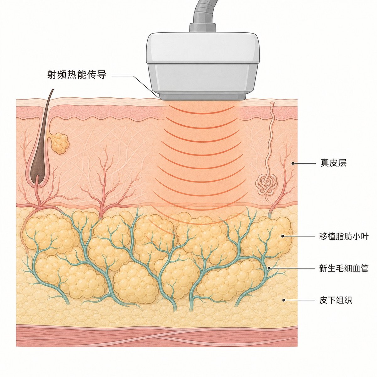 面部脂肪填充区域皮肤层次示意图，展示移植脂肪与射频热能的关系
