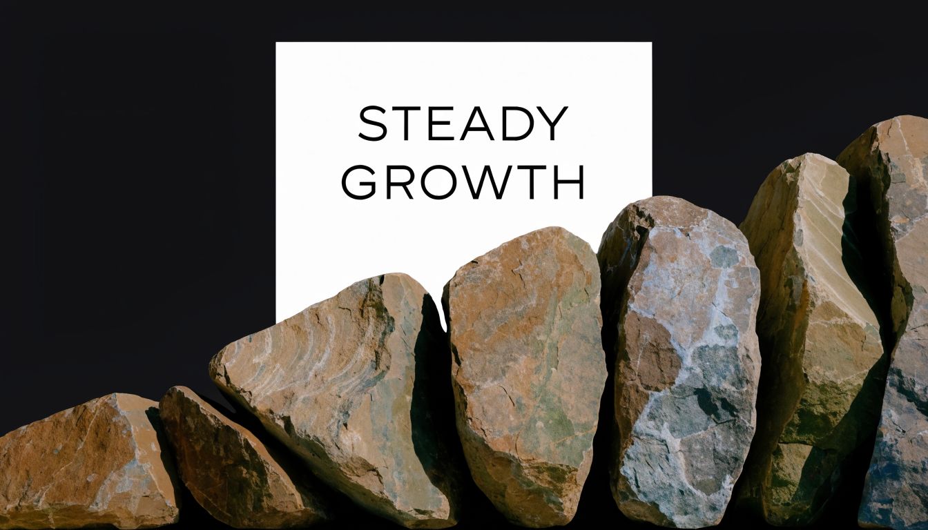 A row of natural rocks gradually increasing in height in front of a white square reading Steady Growth.