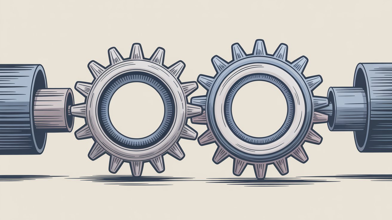 Two interlocking gears representing inbound and outbound sales strategies working together to drive business growth