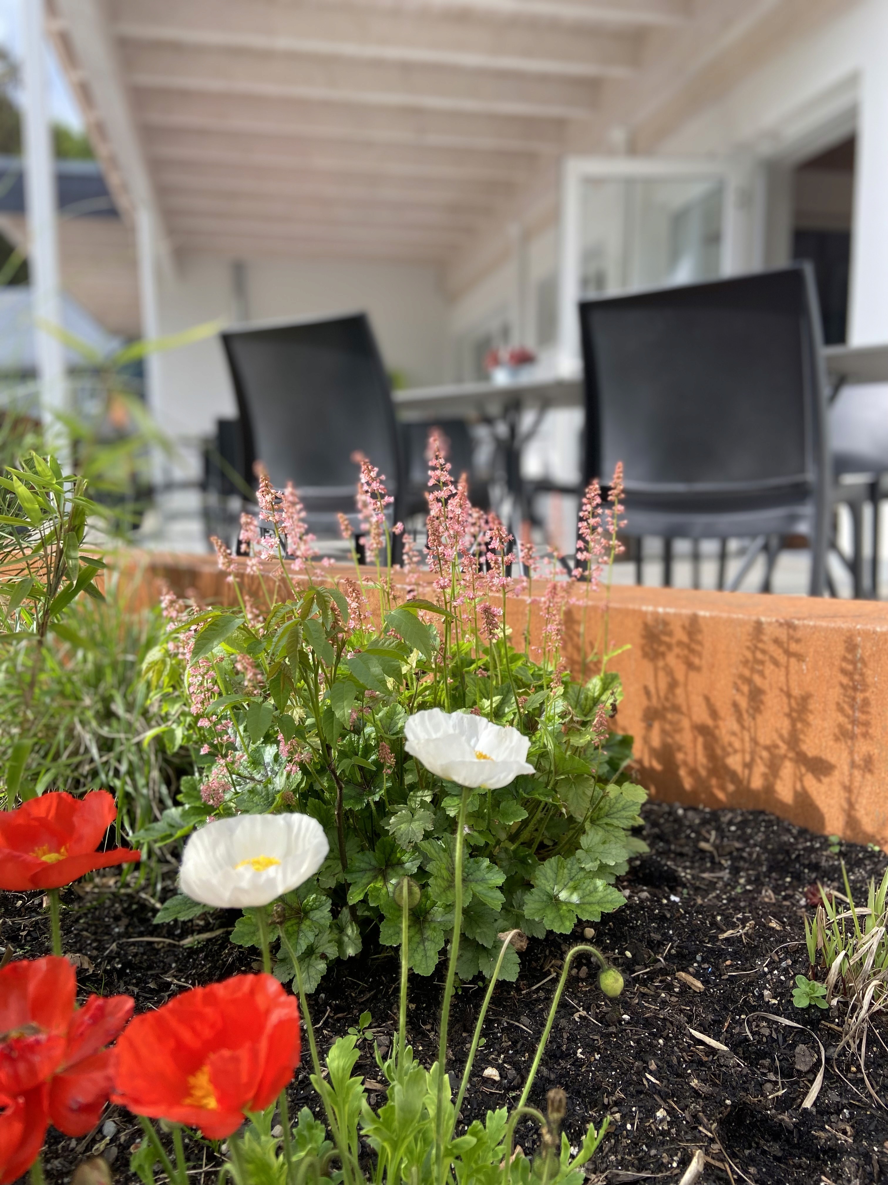 Terrasse mit Aussenbestuhlung und Blick in die Natur