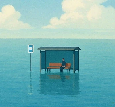 Osoba czekająca na autobus na zatopionym przystanku