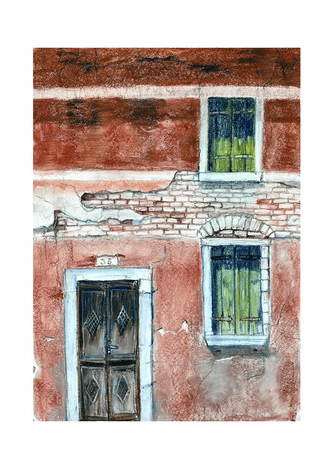 a painting of a building with windows and doors