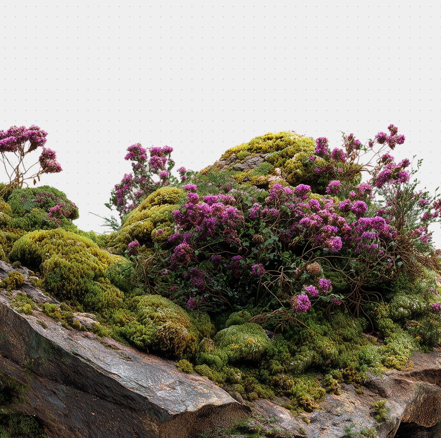 A rocky landscape is adorned with lush green moss and vibrant clusters of purple flowers, creating a picturesque natural scene.