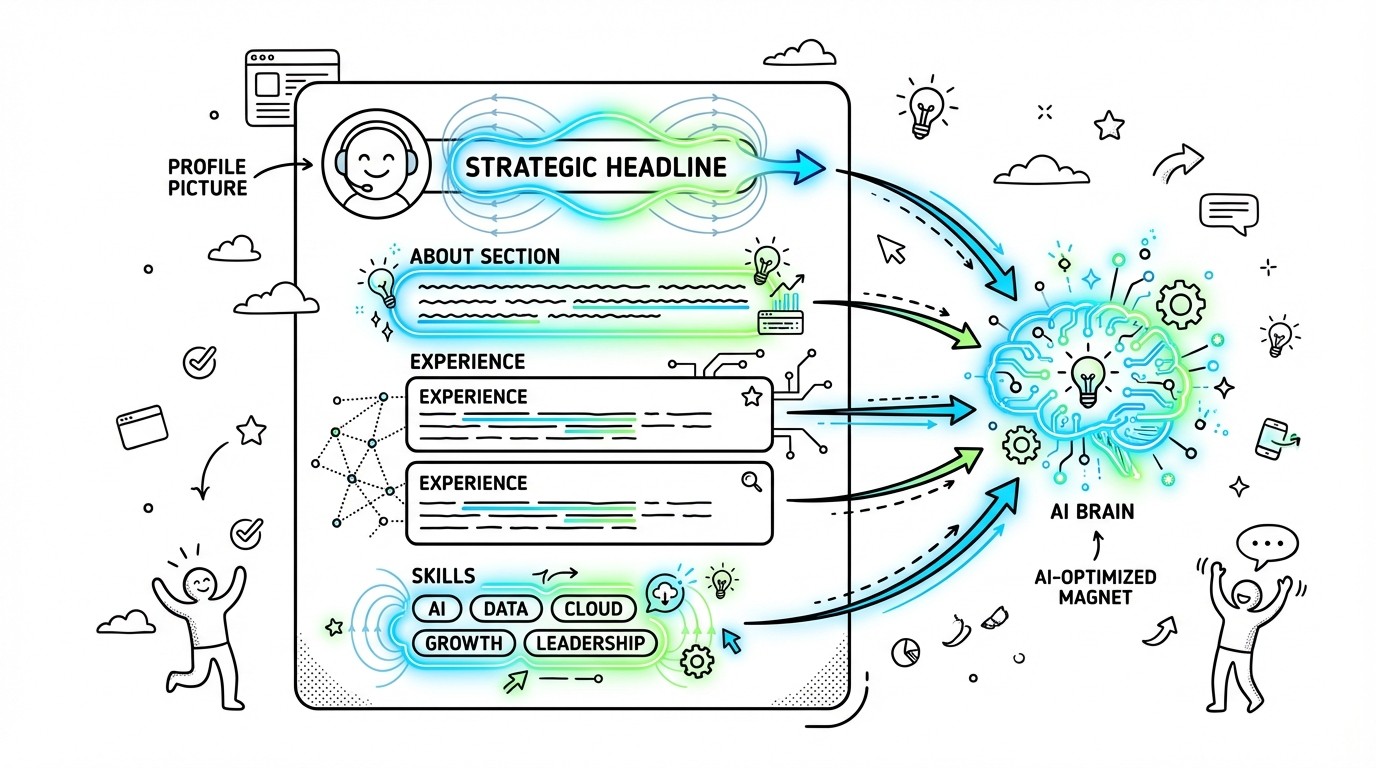 A stylized diagram of a LinkedIn profile with key sections like the headline, About, Experience, and Skills visually highlighted as 'AI-Optimized Magnet' areas, showing how AI algorithms process these elements for visibility.