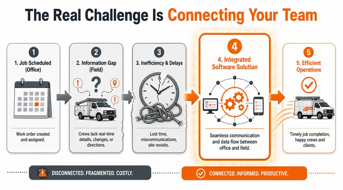 A five-step infographic showing how software connects office teams with field crews for efficient business operations.