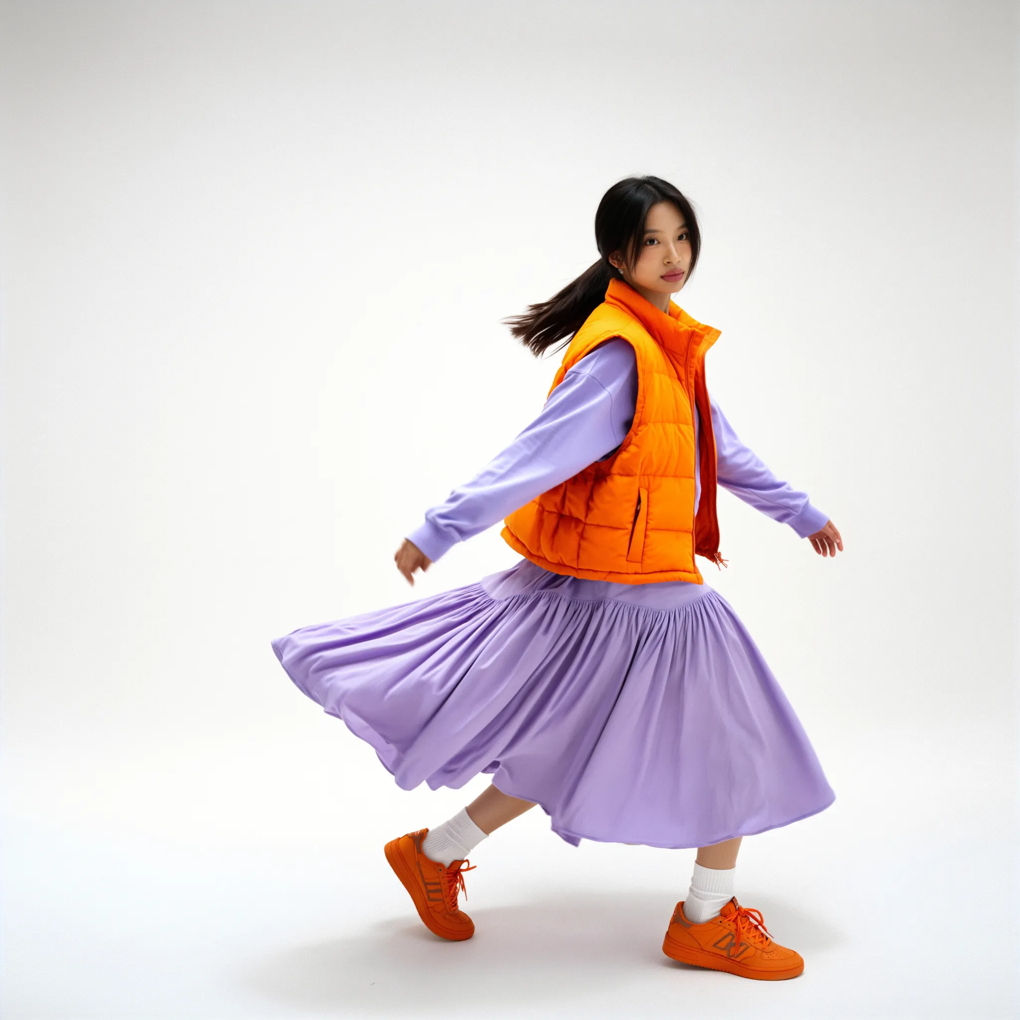 Weibliches KI-Model in lilafarbenem Midikleid und orangefarbener Steppweste, bewegt sich dynamisch im Studio – farbenfroher Fashion-Look für Modekampagnen, Social Media Content und kreative Editorial-Visuals