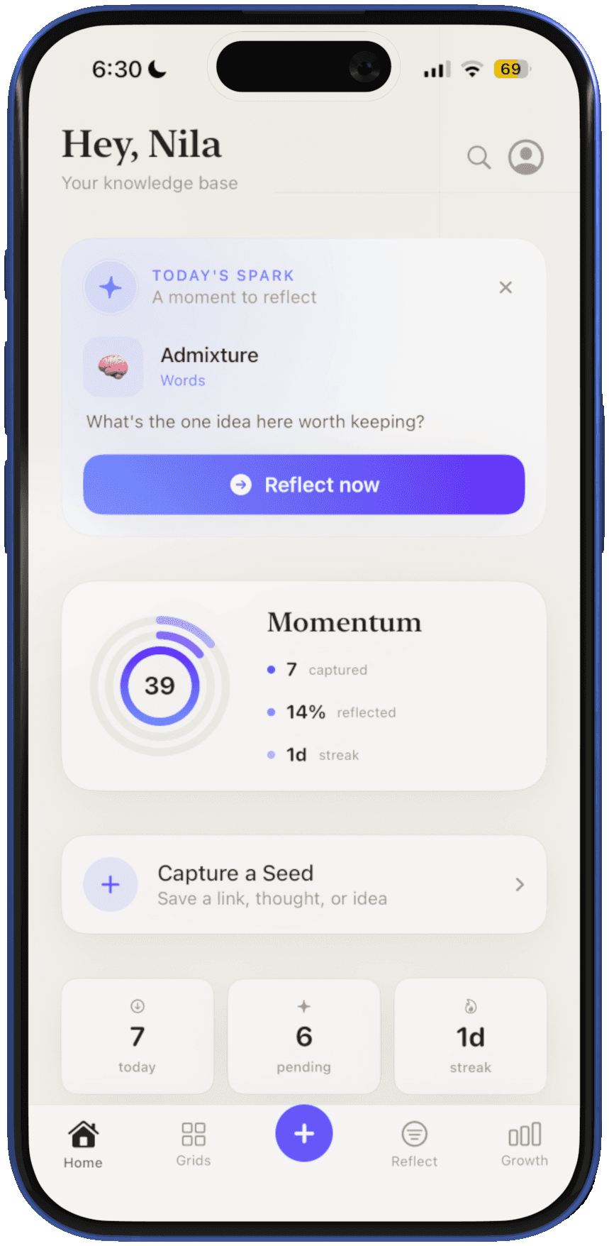 GrowGrid home screen showing today's Spark and a Momentum ring at 39
