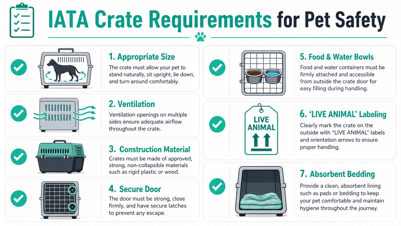 A helpful infographic showing the seven essential IATA crate requirements for safe pet air travel.