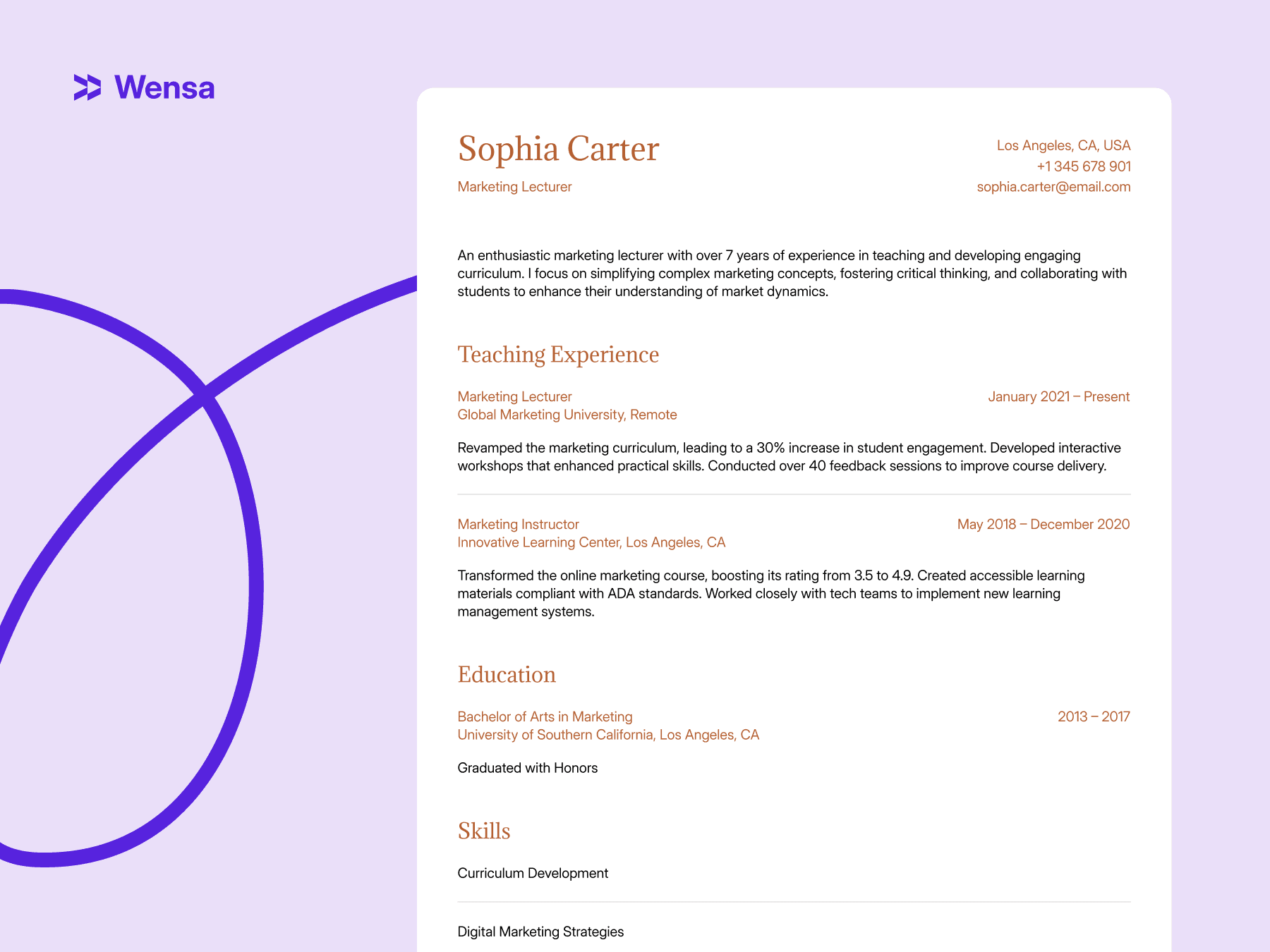 Academic CV format example 2025 showing education and teaching experience.
