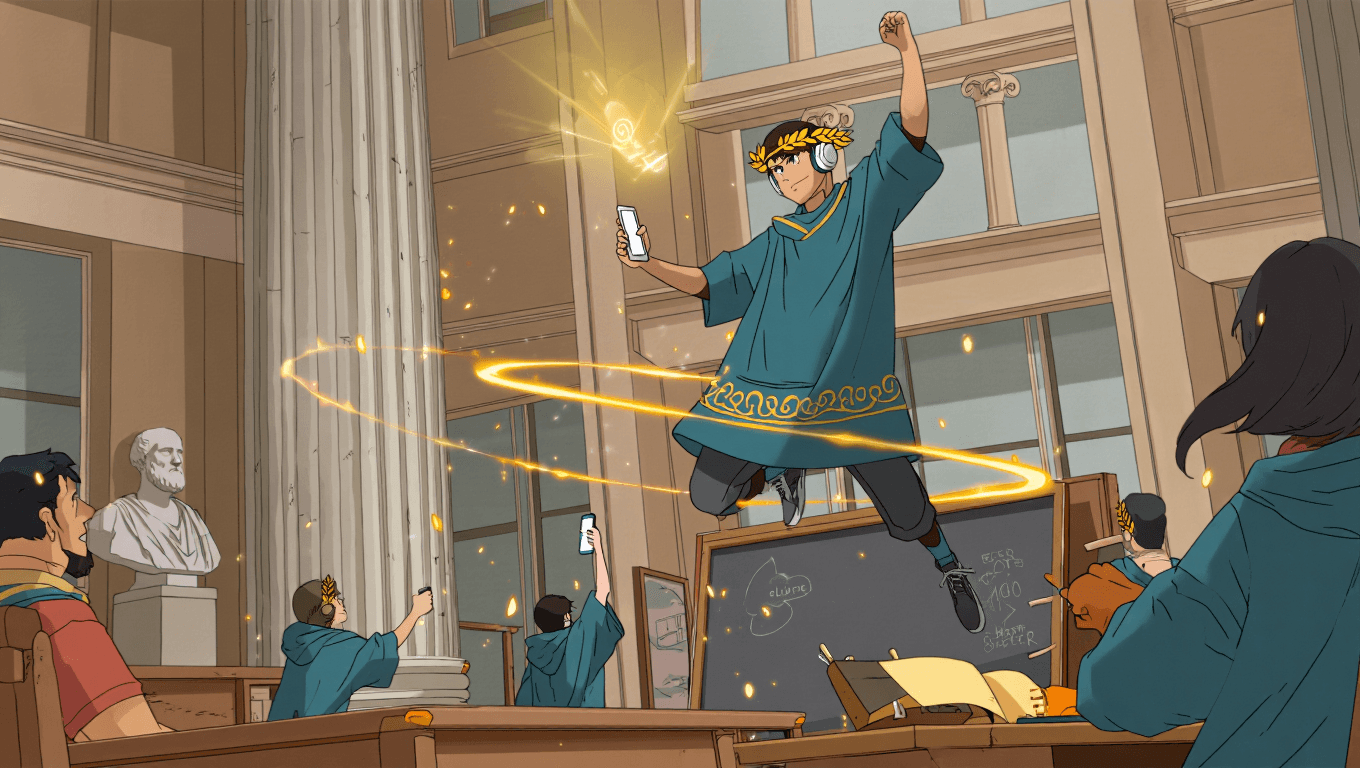 Victorious statistics student leaping from marble desk, golden sparks forming a luminous bell curve, teammates celebrating