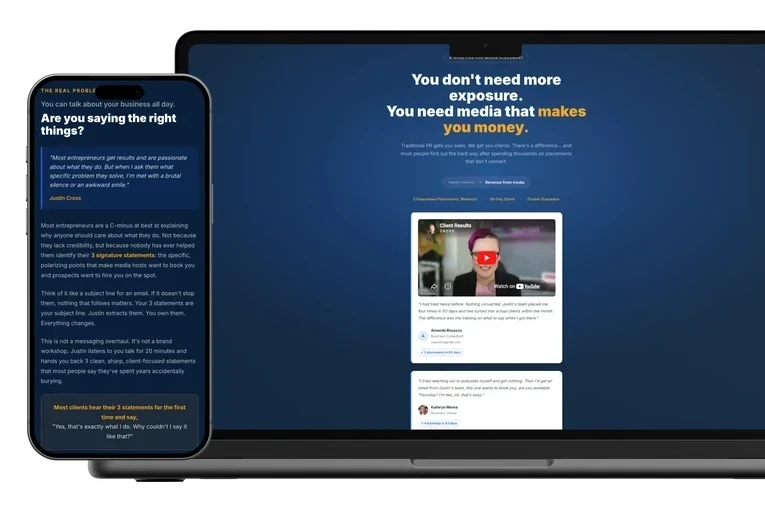Justin Cross Media mockups of the site on mobile and desktop
