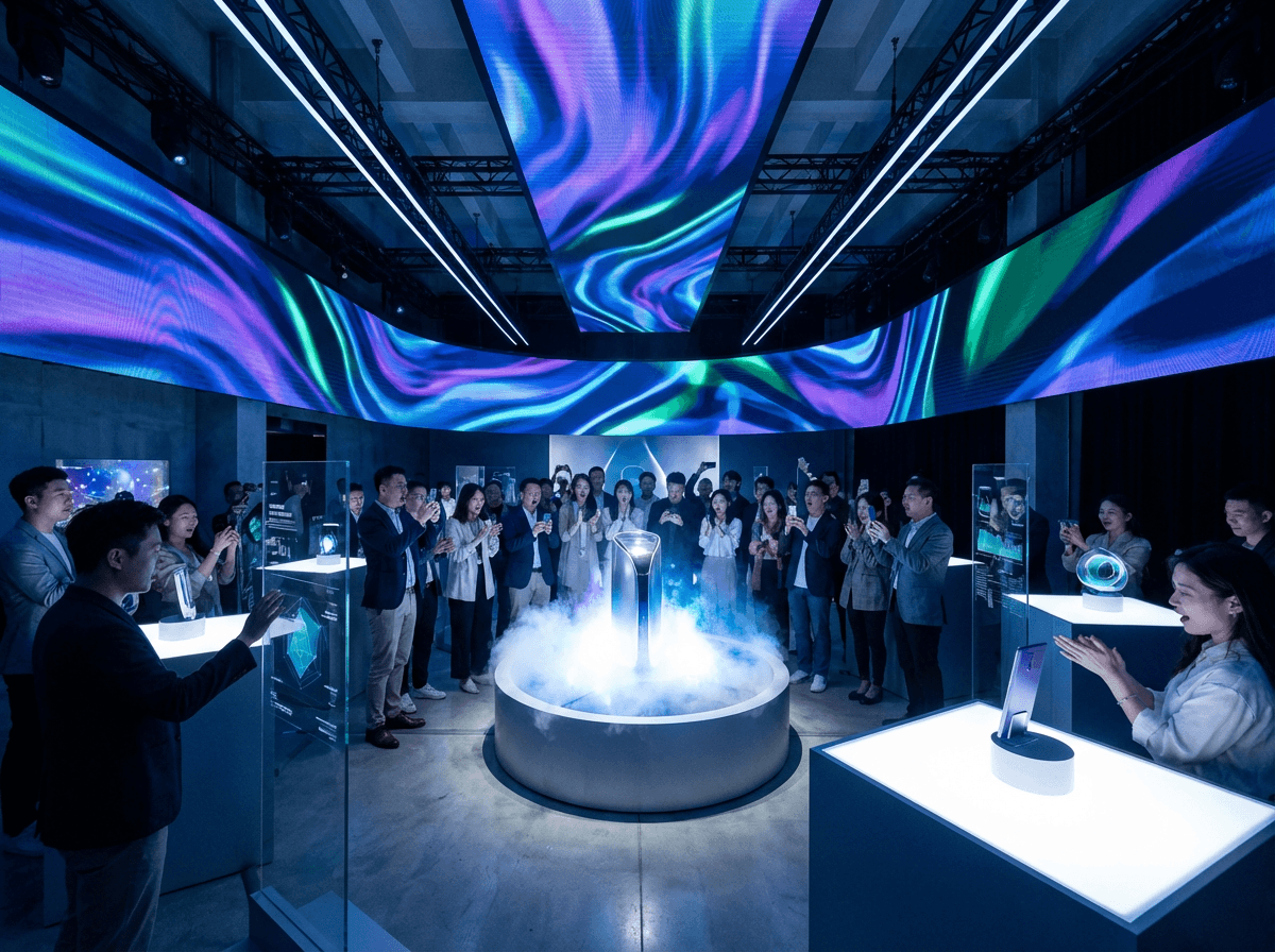 香港沉浸式引流活動現場，配備極光曲面LED屏幕及藍色科技燈光，專業策劃品牌發佈會與中小型精準獲客體驗。