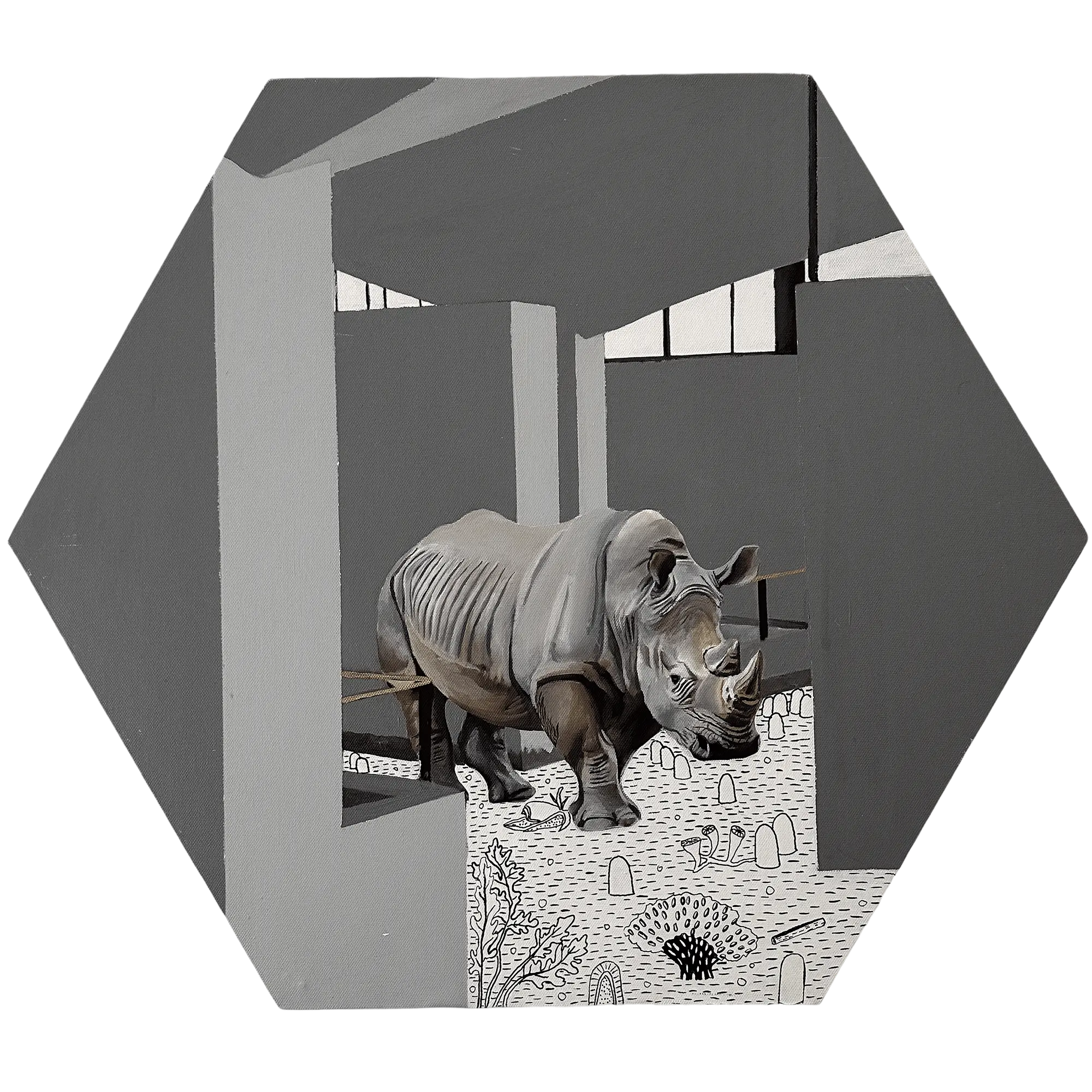 A solitary rhinoceros stands in a grayscale, geometric architectural space with thick columns and sharp-edged walls. The floor is decorated with intricate black-and-white line drawings of fossils and plants.