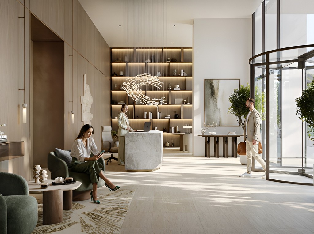 Spacious living room overlooking the water at Creek Bay Emaar Properties.