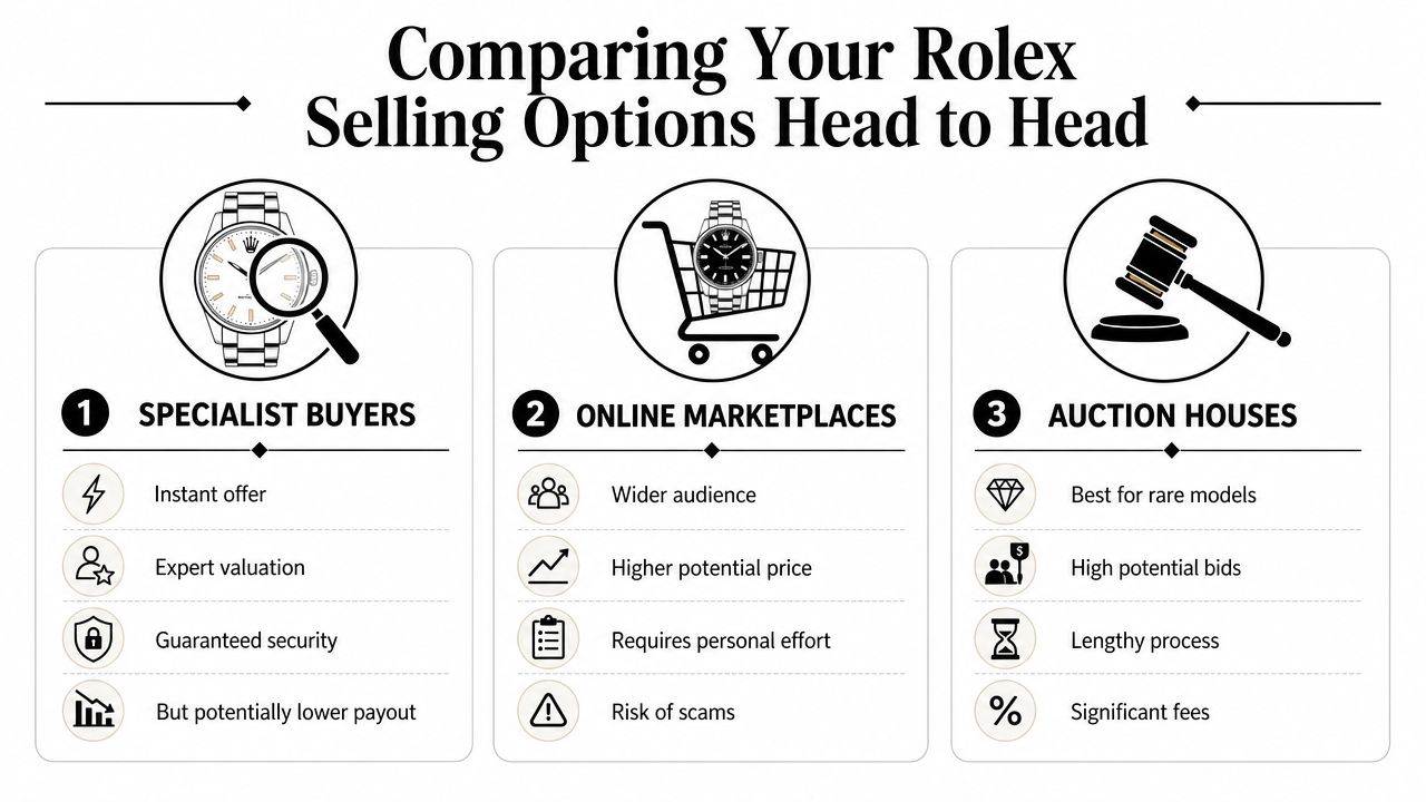 A comparison infographic showing three ways to sell a Rolex: specialist buyers, online marketplaces, and auction houses.