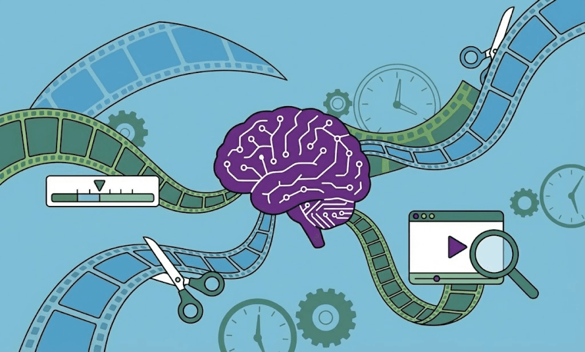 Illustration of a brain connected to film strips, scissors, and video interfaces, representing the benefits and trade-offs of AI-assisted video editing workflows.