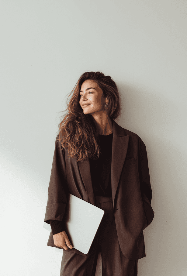 A woman wearing a brown suit and black shirt poses against a white wall, showcasing a professional appearance.
