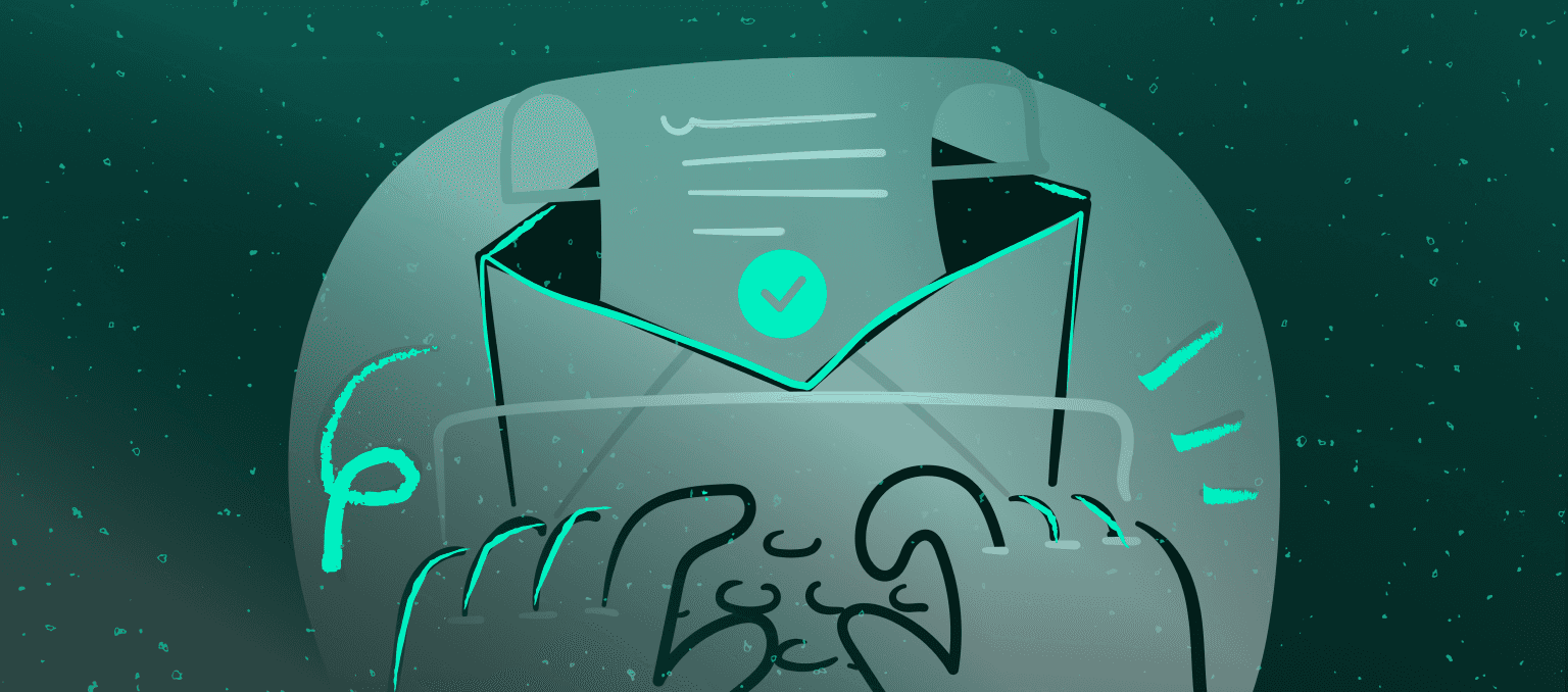 Illustration of an email envelope with a checkmark above a person, symbolizing a completed email checklist or successful campaign approval.