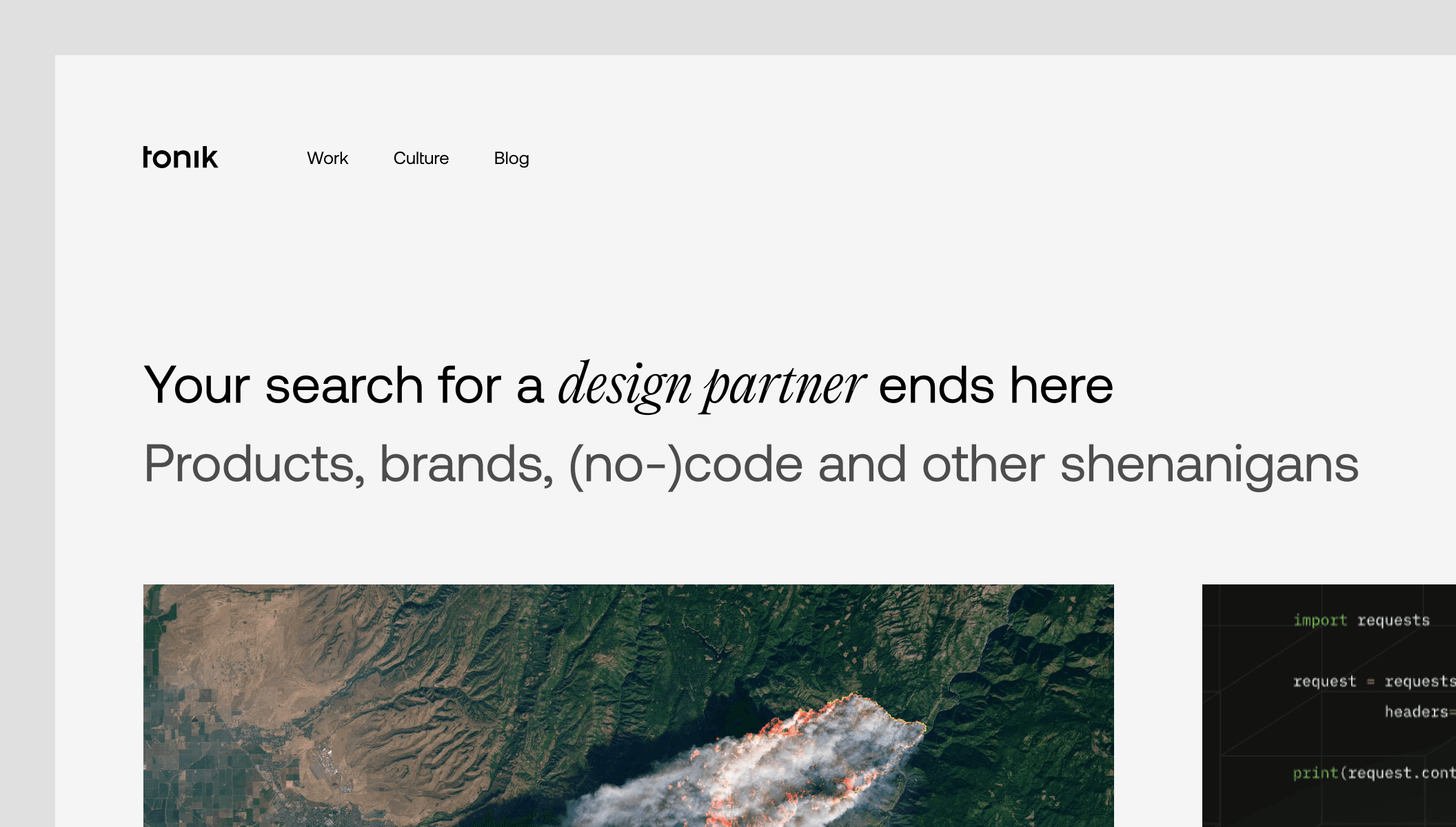 Headline: “Your search for a design partner ends here. Products, brands, (no-)code and other shenanigans.”