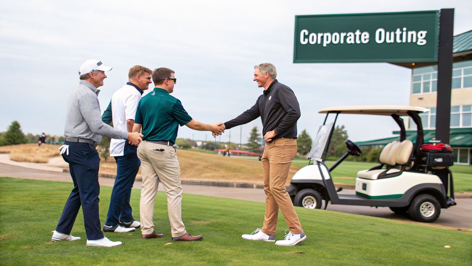 Smiling men shake hands on a golf course, with a 'Corporate Outing' sign and golf cart nearby.