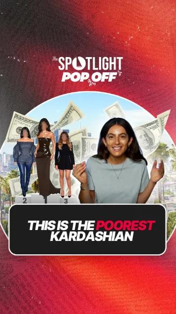 Daily Mail Spotlight Pop Off host ranking the Kardashian sisters by wealth with dollar bills in the background.