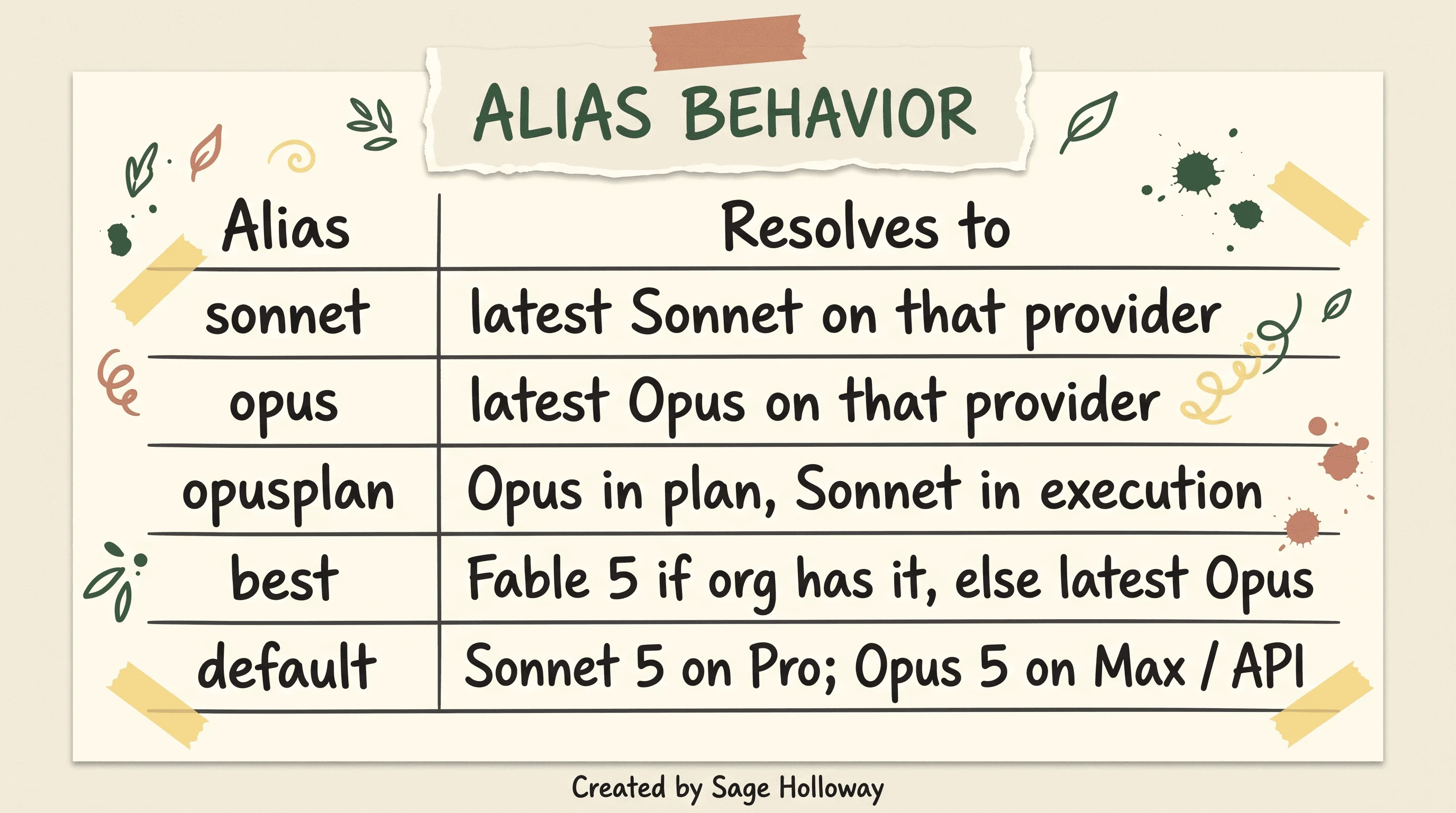 Table of Claude Code model alias behavior including opusplan and best