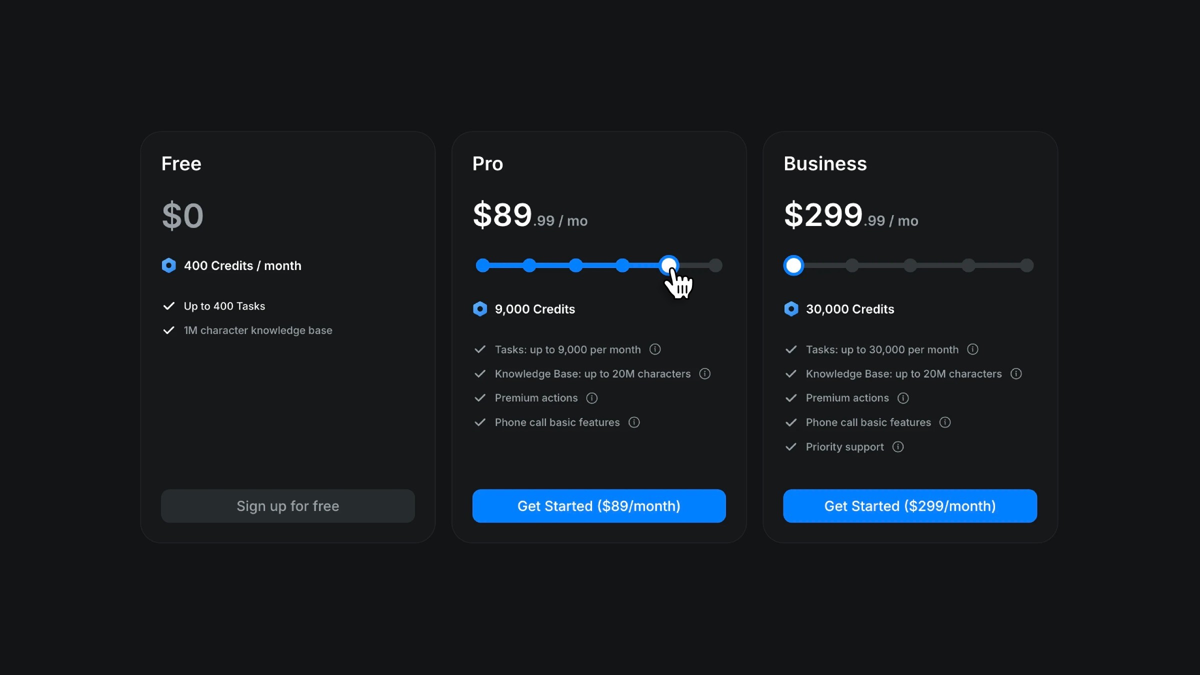 Pricing plans display for Free, Pro, and Business tiers with details on credits and features, and corresponding 'Get Started' buttons