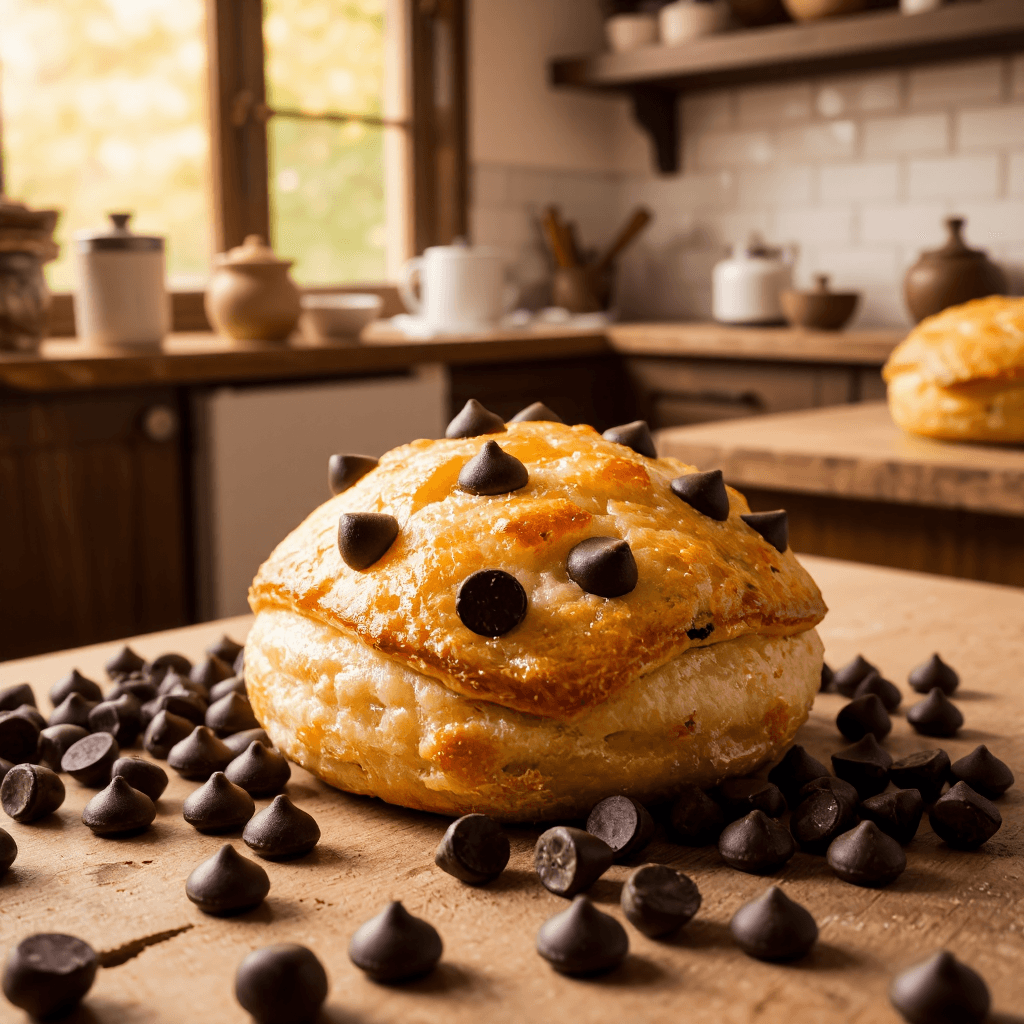 product photography of a piece of baked pastry with chocolate chips