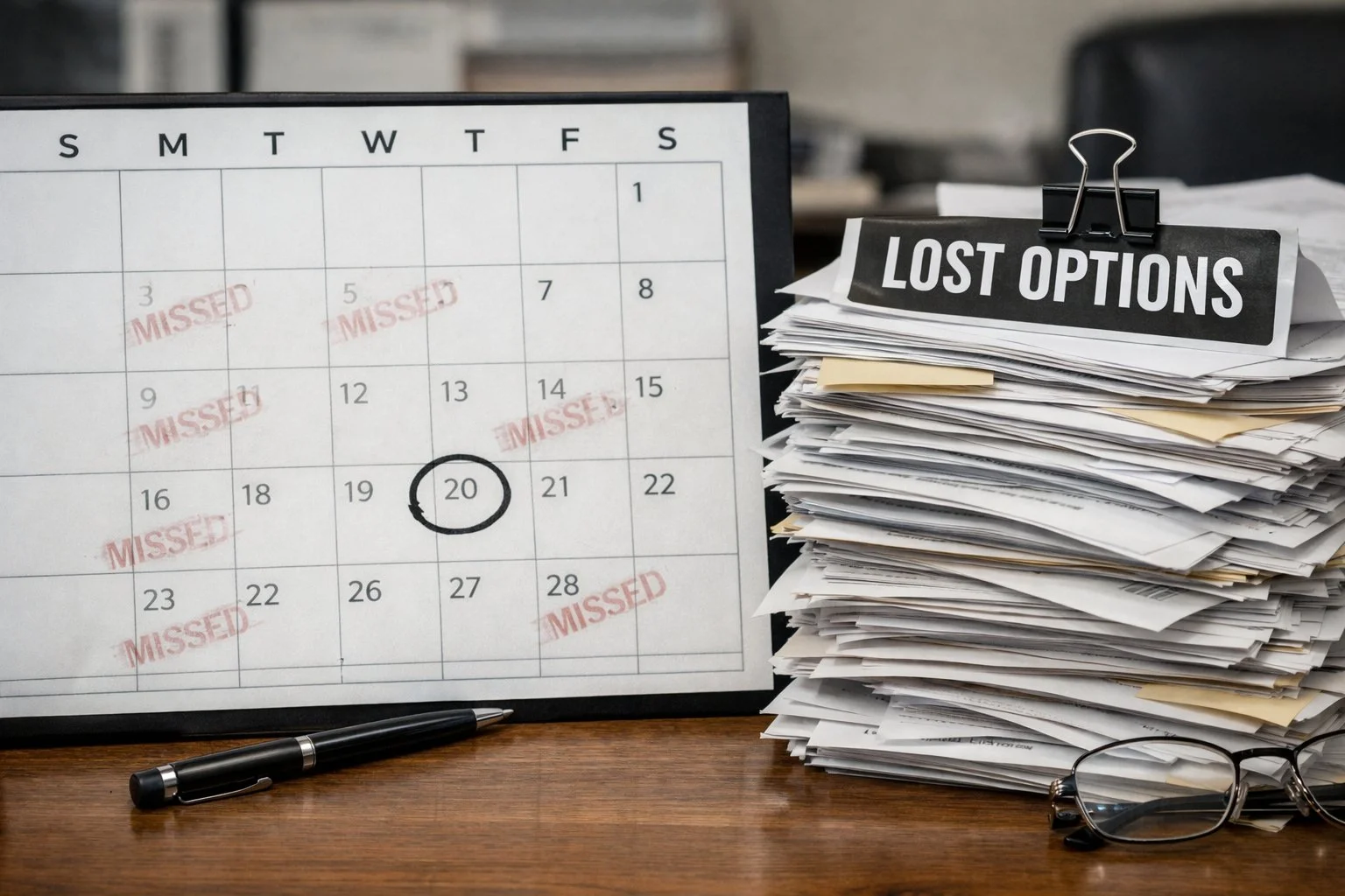 Calendar with several missed dates marked faintly beside a stack of unfinished documents, representing lost opportunities.