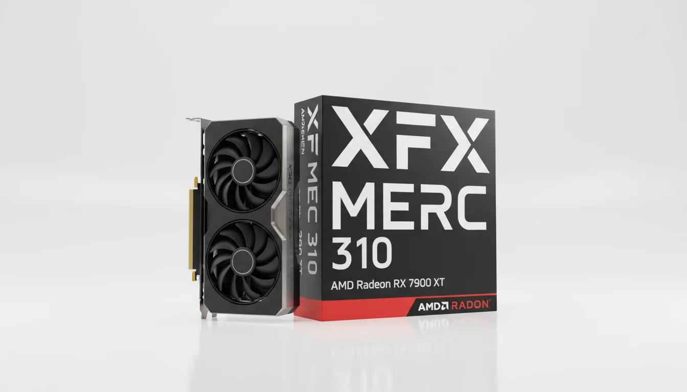 High-fidelity 3D product render of a triple-fan XFX MERC 310 AMD Radeon graphics card, standing vertically beside its retail box on a pure white surface. The graphics card features a matte black shroud and brushed silver metal detailing. The black retail box is positioned at a three-quarters view, featuring bold, modern abstract typography in white and a red accent band at the bottom. The scene is illuminated by soft studio lighting, creating crisp highlights and gentle shadows against a minimalist white studio backdrop.