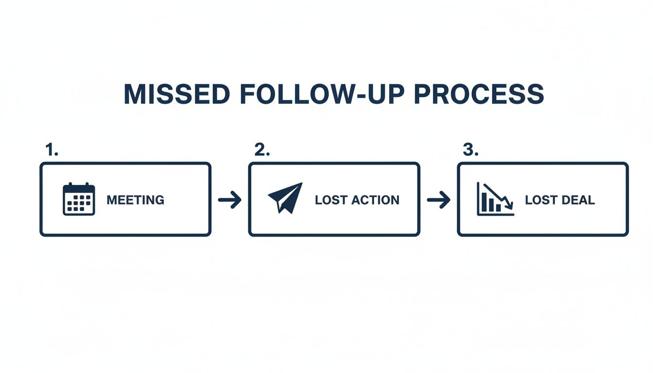 A three-step diagram illustrates the missed follow-up process: meeting, lost action, and lost deal.