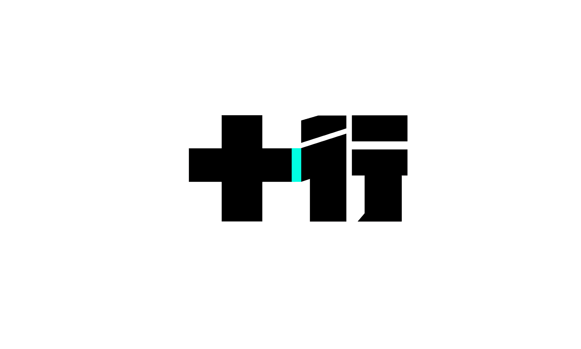 The image shows a stylized black plus sign (+) with a turquoise vertical bar running through its center. The plus sign is composed of thick, geometric black blocks, and the bar is positioned centrally within the symbol. The background is white.