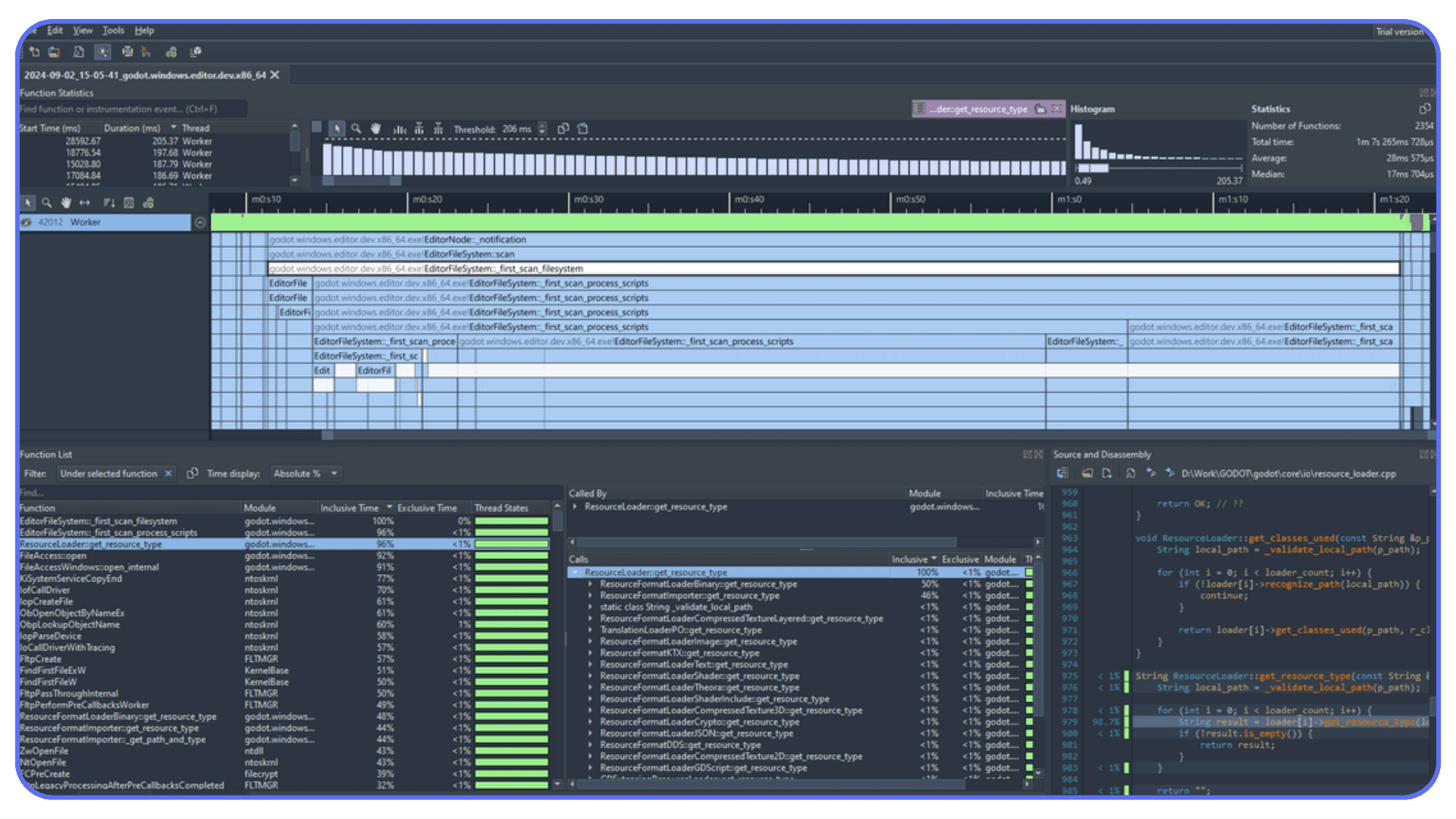 Godot performance profiling tool showing function timings, call stacks, and CPU usage for debugging heavy projects.