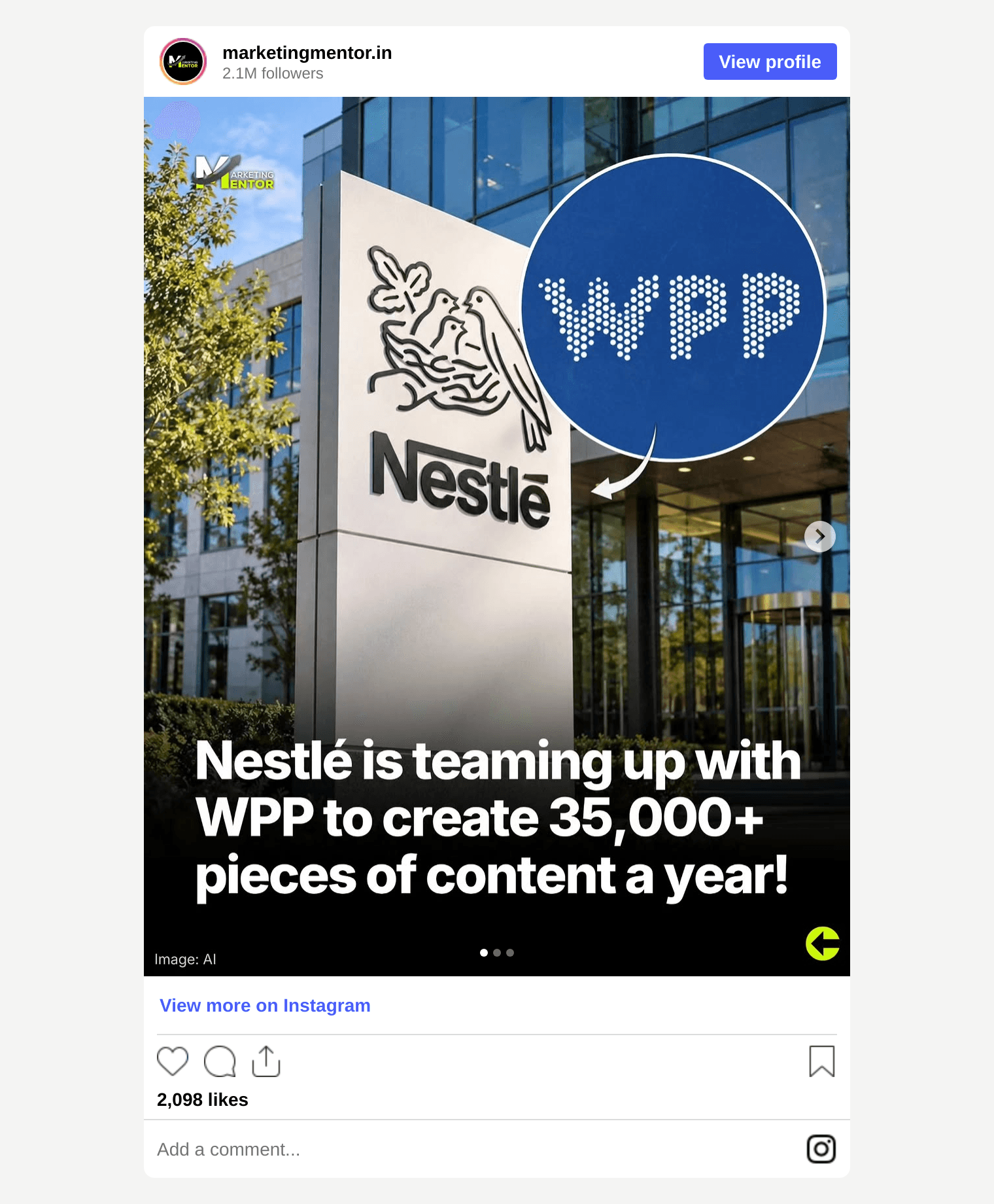 Instagram post by @marketingmentor.in on the Nestlé and WPP AI content announcement