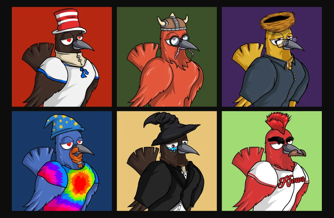 A collection of six crows showing different creative styles and moods.