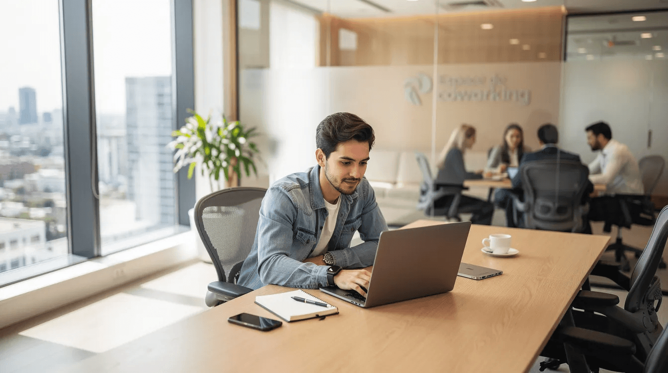 Un entrepreneur est assis à un bureau dans un espace de coworking moderne, travaillant sur son ordinateur portable. L'environnement est lumineux et contemporain, reflétant une atmosphère collaborative propice à l'innovation et au développement des affaires.