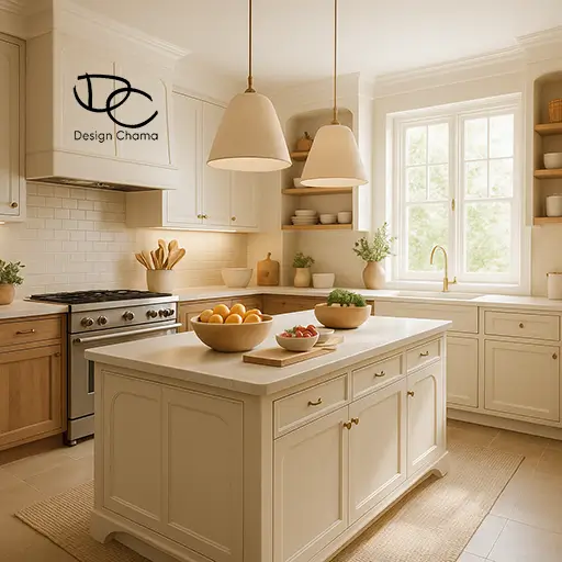 Φωτεινή οικογενειακή κουζίνα με νησίδα, ζεστές μπεζ αποχρώσεις και ξύλινες λεπτομέρειες, ιδανική για καθημερινή προετοιμασία γευμάτων.