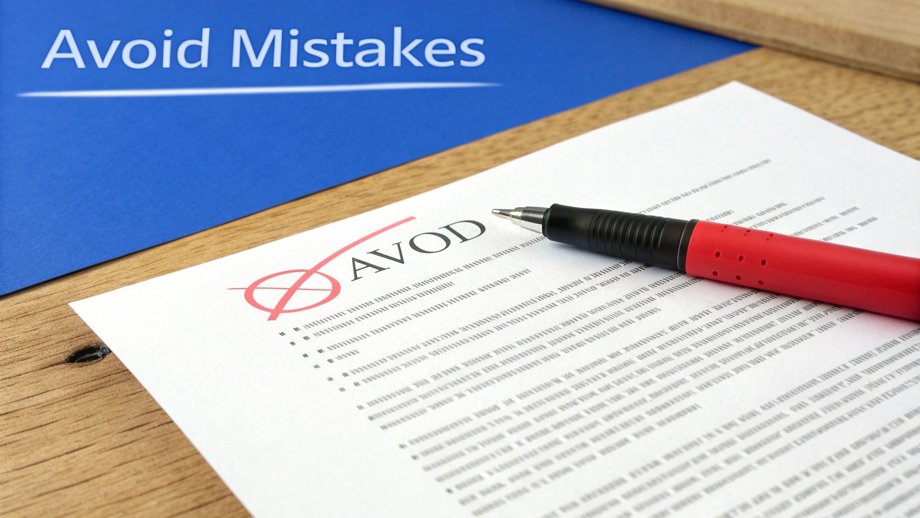 A red pen rests on a document where 'AVOD' is circled and crossed out, beside a blue folder titled 'Avoid Mistakes'.