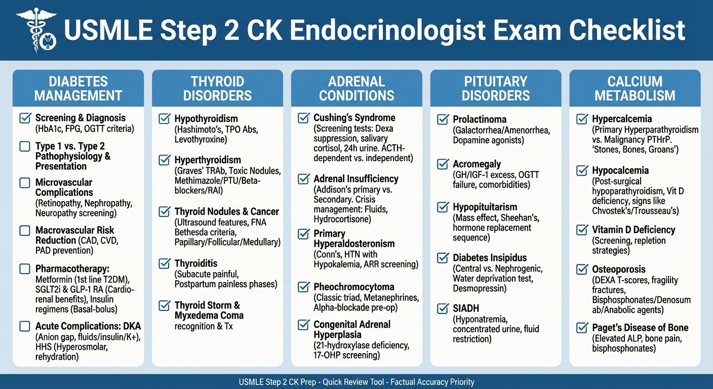 USMLE Step 2 CK endocrinology exam checklist infographic for quick review