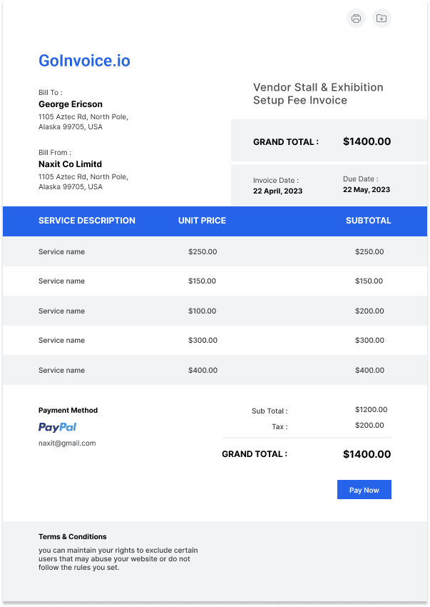 Vendor Stall & Exhibition Setup Fee Invoice