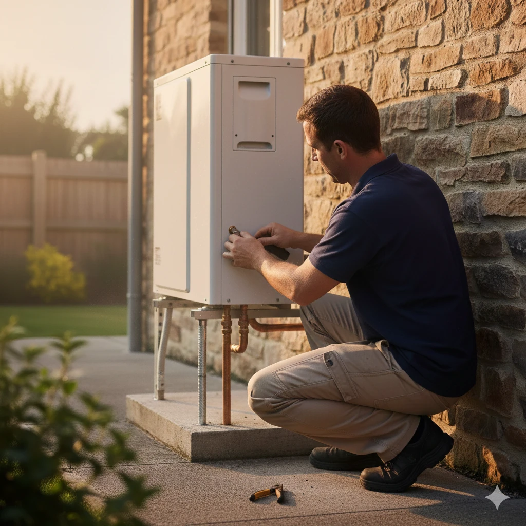 Chauffagiste installant une pompe à chaleur extérieure sur un chantier