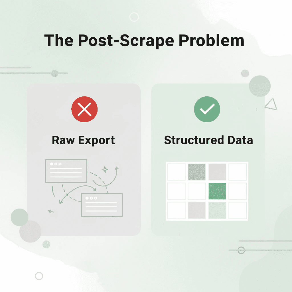 Before and after infographic showing raw scraped export versus structured usable data
